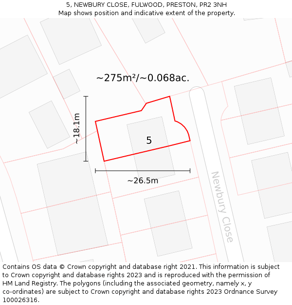 5, NEWBURY CLOSE, FULWOOD, PRESTON, PR2 3NH: Plot and title map