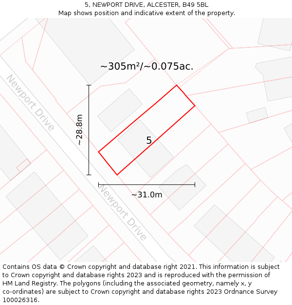 5, NEWPORT DRIVE, ALCESTER, B49 5BL: Plot and title map