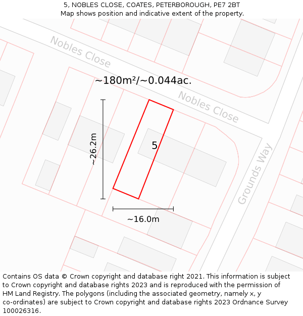 5, NOBLES CLOSE, COATES, PETERBOROUGH, PE7 2BT: Plot and title map