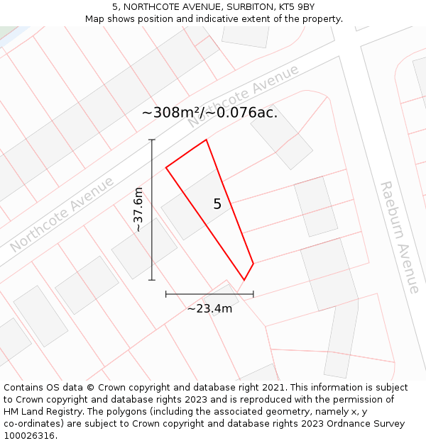 5, NORTHCOTE AVENUE, SURBITON, KT5 9BY: Plot and title map