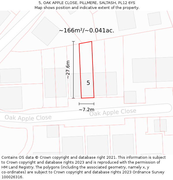 5, OAK APPLE CLOSE, PILLMERE, SALTASH, PL12 6YS: Plot and title map
