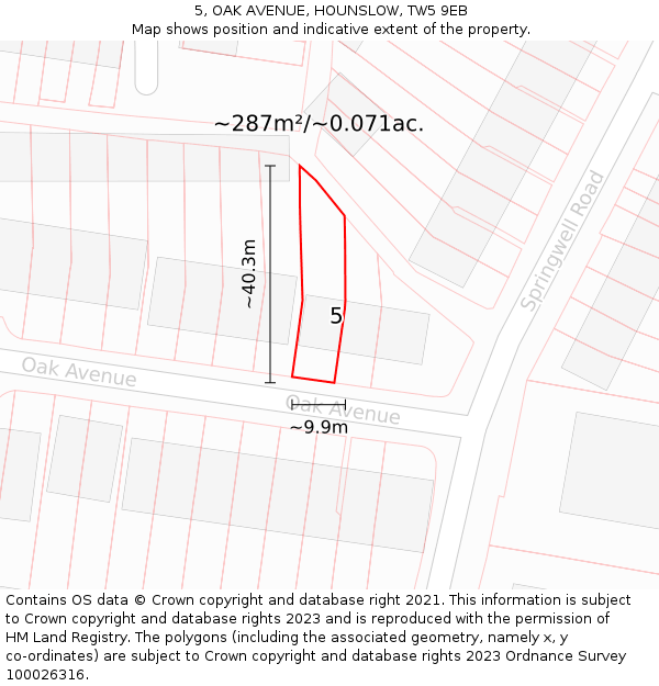 5, OAK AVENUE, HOUNSLOW, TW5 9EB: Plot and title map