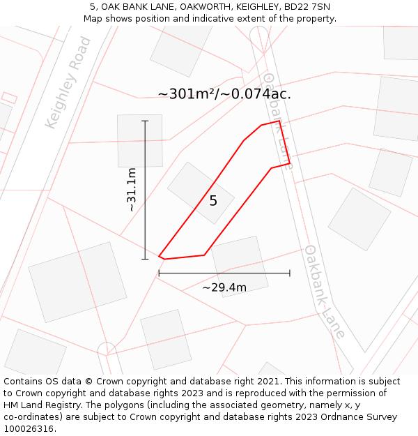 5, OAK BANK LANE, OAKWORTH, KEIGHLEY, BD22 7SN: Plot and title map