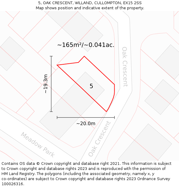 5, OAK CRESCENT, WILLAND, CULLOMPTON, EX15 2SS: Plot and title map