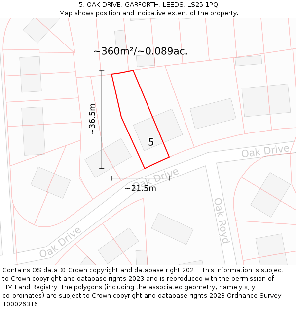 5, OAK DRIVE, GARFORTH, LEEDS, LS25 1PQ: Plot and title map