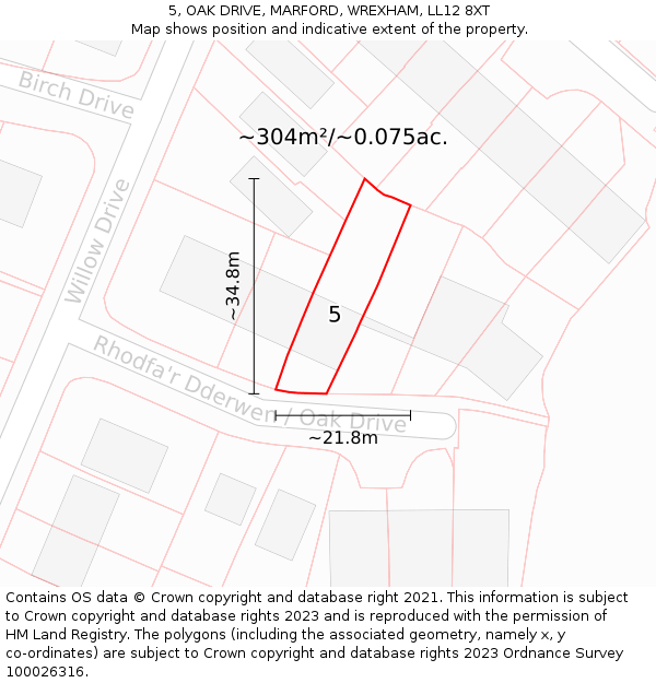 5, OAK DRIVE, MARFORD, WREXHAM, LL12 8XT: Plot and title map