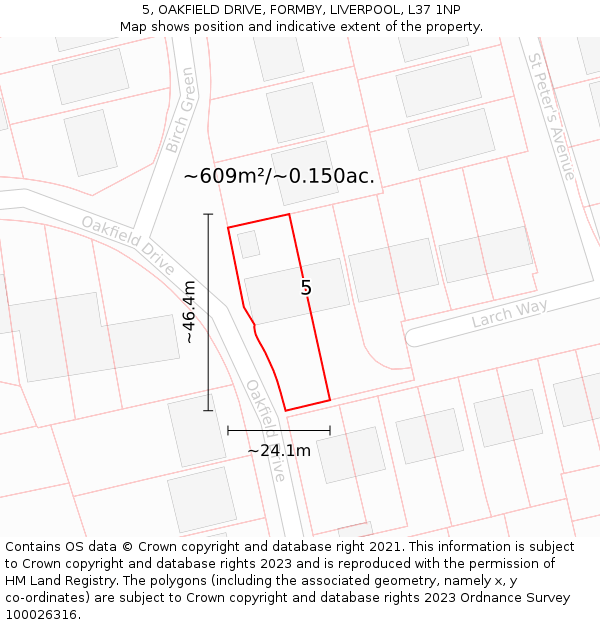 5, OAKFIELD DRIVE, FORMBY, LIVERPOOL, L37 1NP: Plot and title map