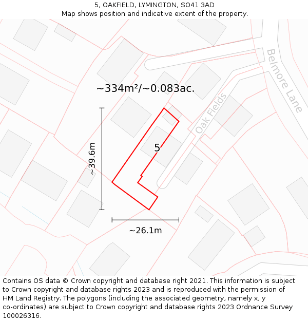 5, OAKFIELD, LYMINGTON, SO41 3AD: Plot and title map