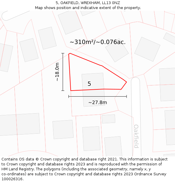 5, OAKFIELD, WREXHAM, LL13 0NZ: Plot and title map