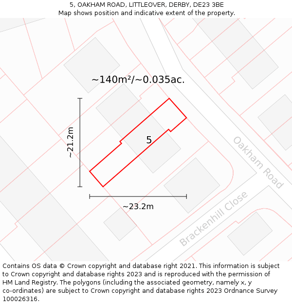 5, OAKHAM ROAD, LITTLEOVER, DERBY, DE23 3BE: Plot and title map