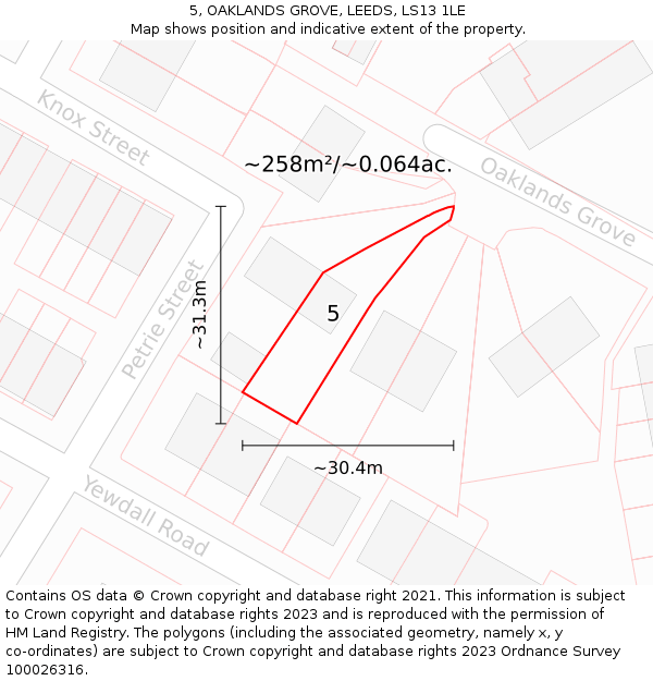 5, OAKLANDS GROVE, LEEDS, LS13 1LE: Plot and title map