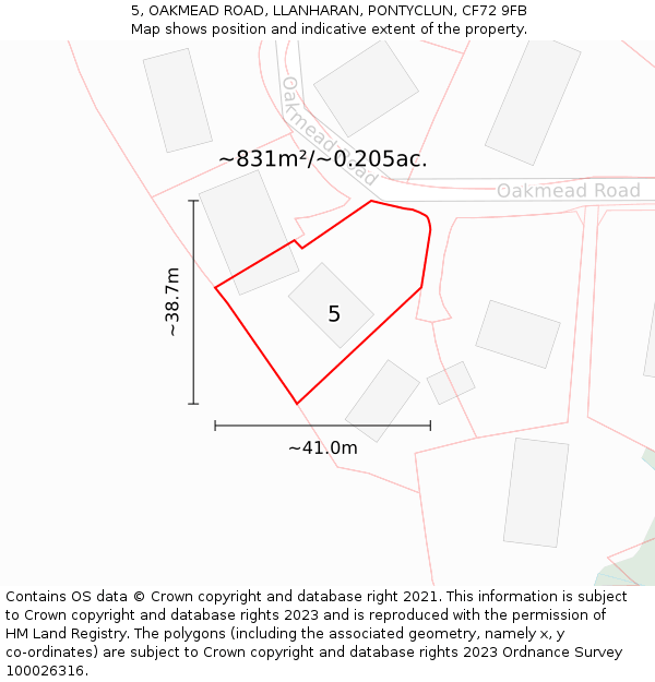 5, OAKMEAD ROAD, LLANHARAN, PONTYCLUN, CF72 9FB: Plot and title map