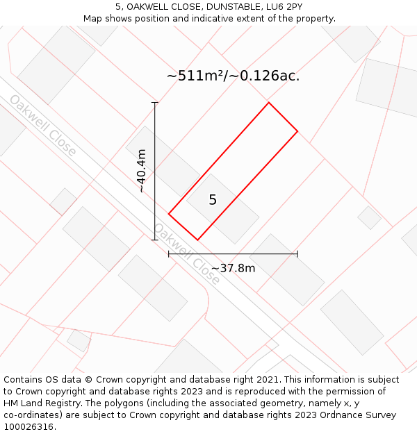 5, OAKWELL CLOSE, DUNSTABLE, LU6 2PY: Plot and title map