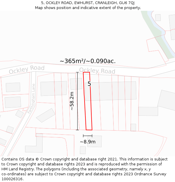 5, OCKLEY ROAD, EWHURST, CRANLEIGH, GU6 7QJ: Plot and title map