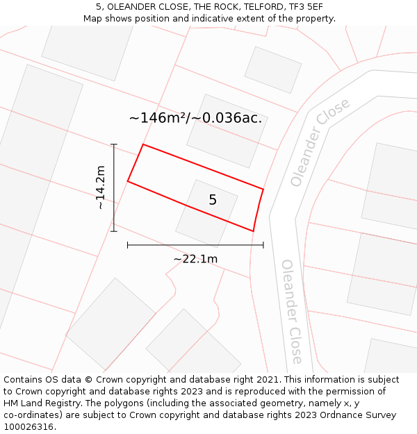 5, OLEANDER CLOSE, THE ROCK, TELFORD, TF3 5EF: Plot and title map