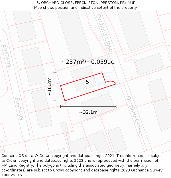 5, ORCHARD CLOSE, FRECKLETON, PRESTON, PR4 1UP: Plot and title map