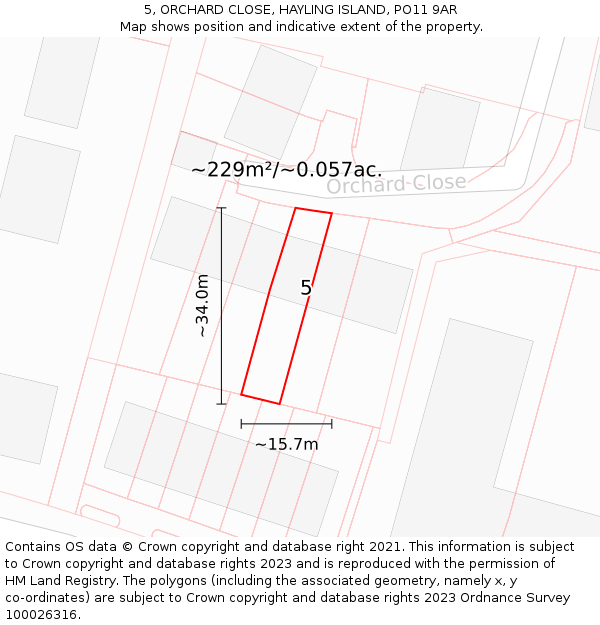 5, ORCHARD CLOSE, HAYLING ISLAND, PO11 9AR: Plot and title map