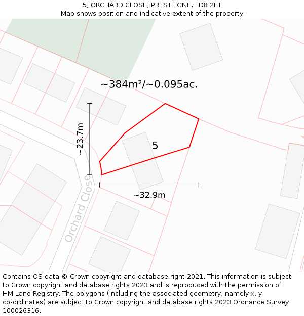 5, ORCHARD CLOSE, PRESTEIGNE, LD8 2HF: Plot and title map
