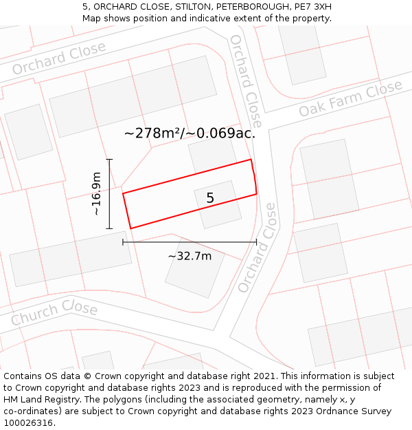 5, ORCHARD CLOSE, STILTON, PETERBOROUGH, PE7 3XH: Plot and title map