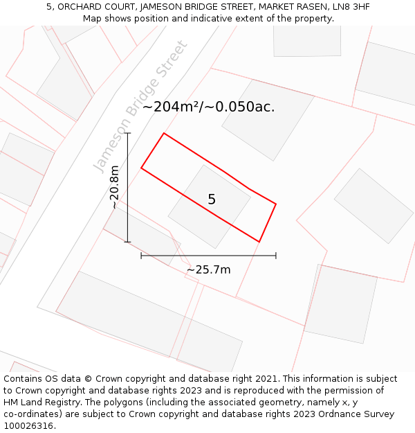 5, ORCHARD COURT, JAMESON BRIDGE STREET, MARKET RASEN, LN8 3HF: Plot and title map