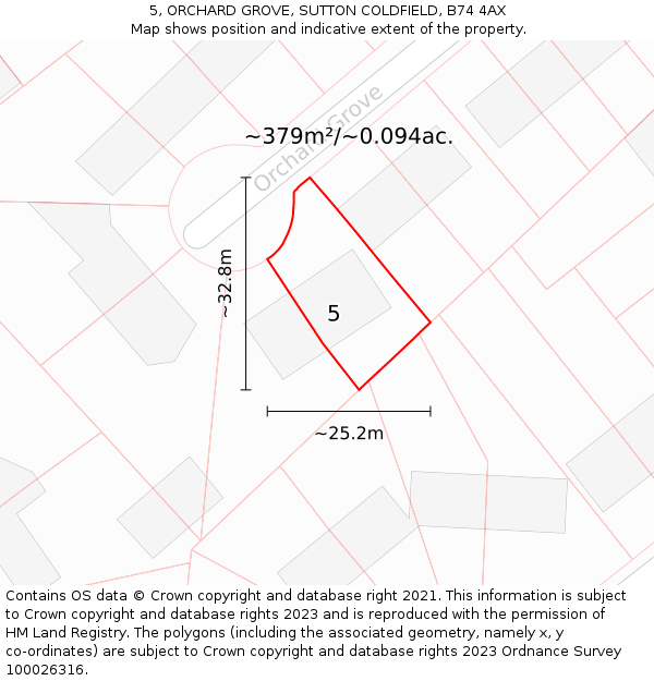 5, ORCHARD GROVE, SUTTON COLDFIELD, B74 4AX: Plot and title map