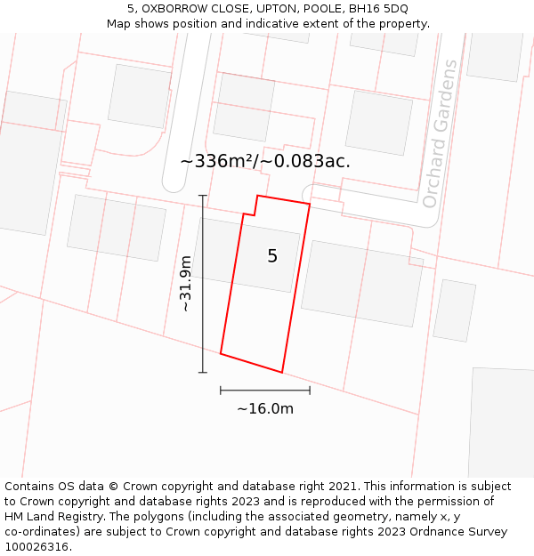 5, OXBORROW CLOSE, UPTON, POOLE, BH16 5DQ: Plot and title map
