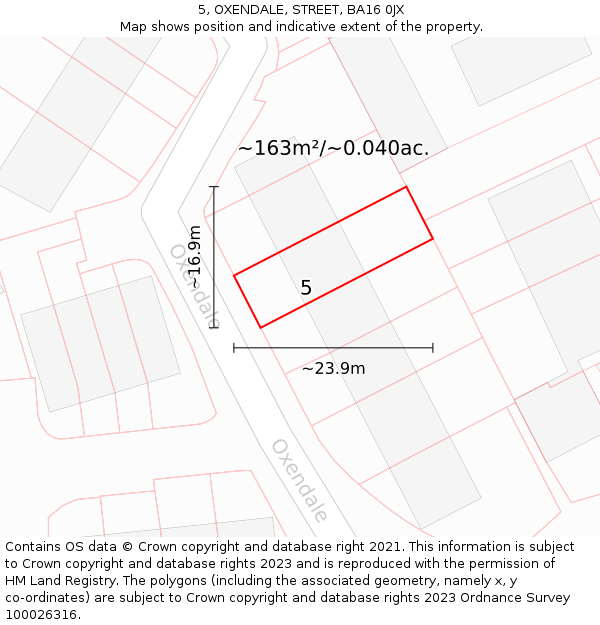 5, OXENDALE, STREET, BA16 0JX: Plot and title map