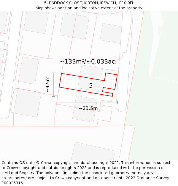 5, PADDOCK CLOSE, KIRTON, IPSWICH, IP10 0FL: Plot and title map