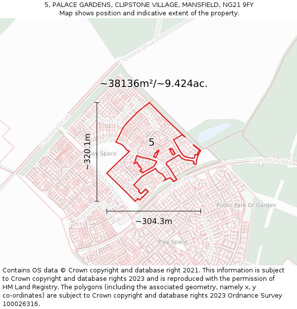 5, PALACE GARDENS, CLIPSTONE VILLAGE, MANSFIELD, NG21 9FY: Plot and title map