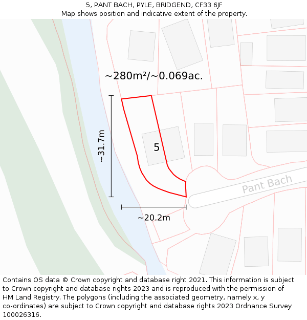 5, PANT BACH, PYLE, BRIDGEND, CF33 6JF: Plot and title map