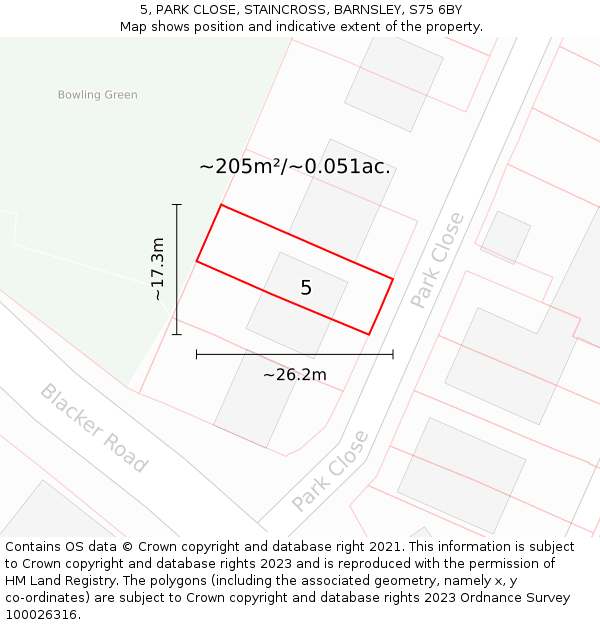 5, PARK CLOSE, STAINCROSS, BARNSLEY, S75 6BY: Plot and title map