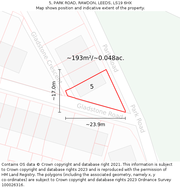 5, PARK ROAD, RAWDON, LEEDS, LS19 6HX: Plot and title map