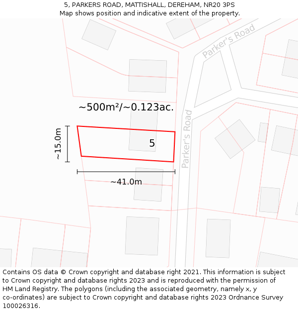 5, PARKERS ROAD, MATTISHALL, DEREHAM, NR20 3PS: Plot and title map