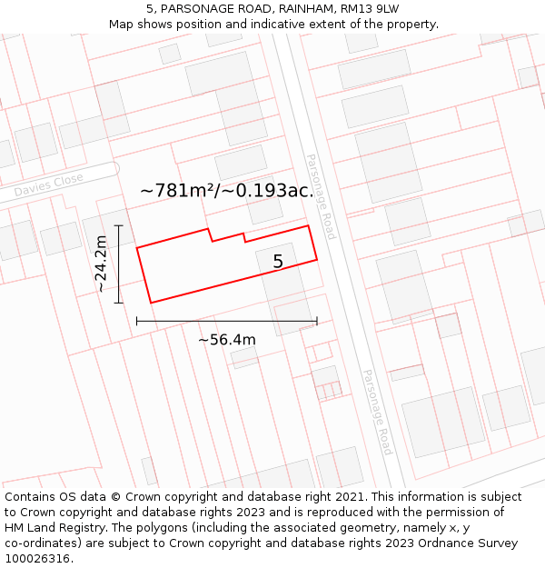 5, PARSONAGE ROAD, RAINHAM, RM13 9LW: Plot and title map