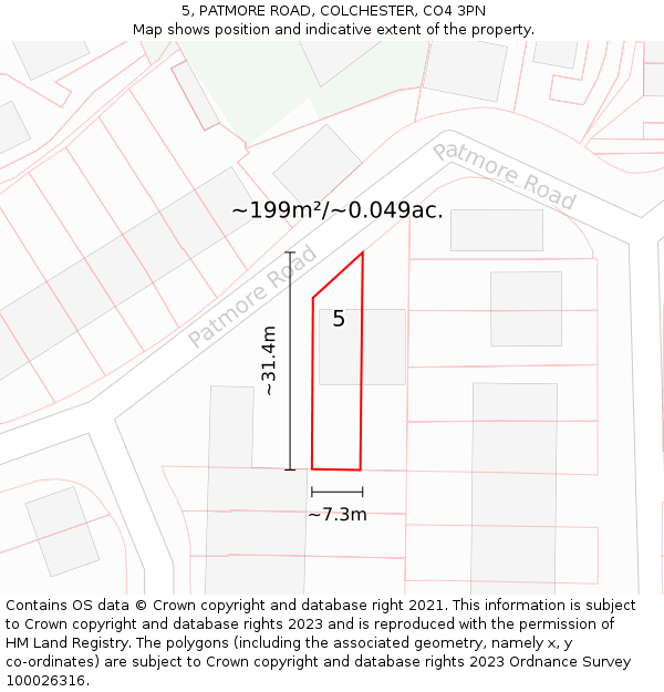 5, PATMORE ROAD, COLCHESTER, CO4 3PN: Plot and title map