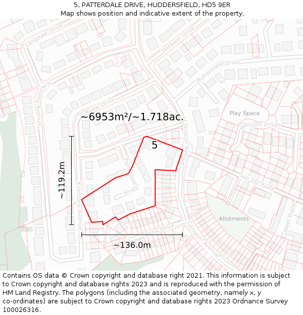 5, PATTERDALE DRIVE, HUDDERSFIELD, HD5 9ER: Plot and title map