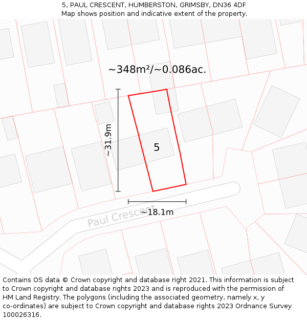 5, PAUL CRESCENT, HUMBERSTON, GRIMSBY, DN36 4DF: Plot and title map