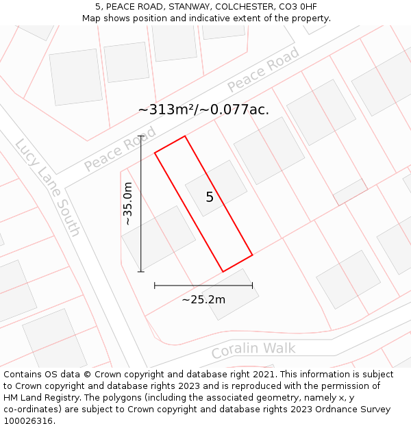 5, PEACE ROAD, STANWAY, COLCHESTER, CO3 0HF: Plot and title map