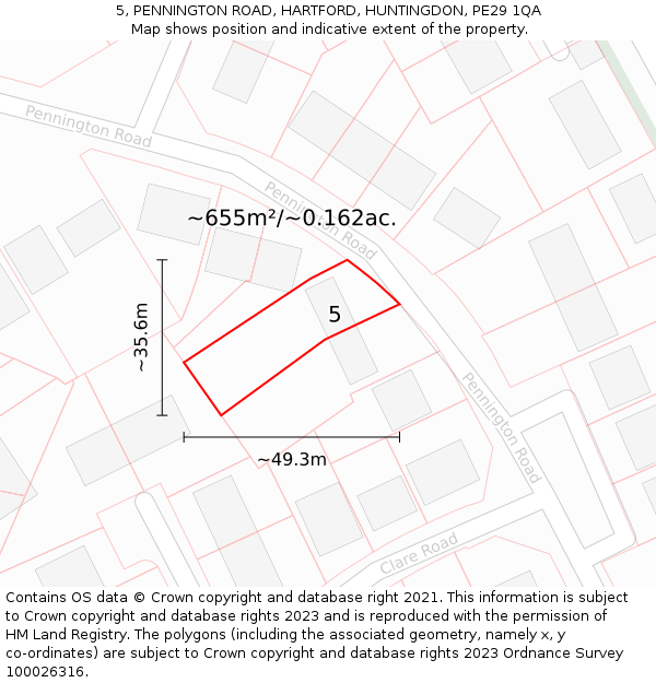 5, PENNINGTON ROAD, HARTFORD, HUNTINGDON, PE29 1QA: Plot and title map
