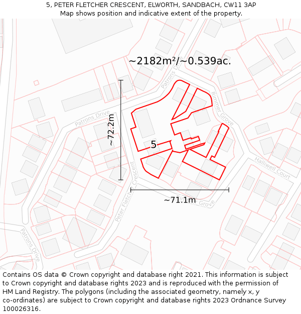 5, PETER FLETCHER CRESCENT, ELWORTH, SANDBACH, CW11 3AP: Plot and title map