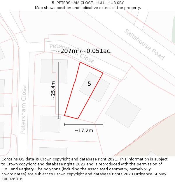 5, PETERSHAM CLOSE, HULL, HU8 0RY: Plot and title map