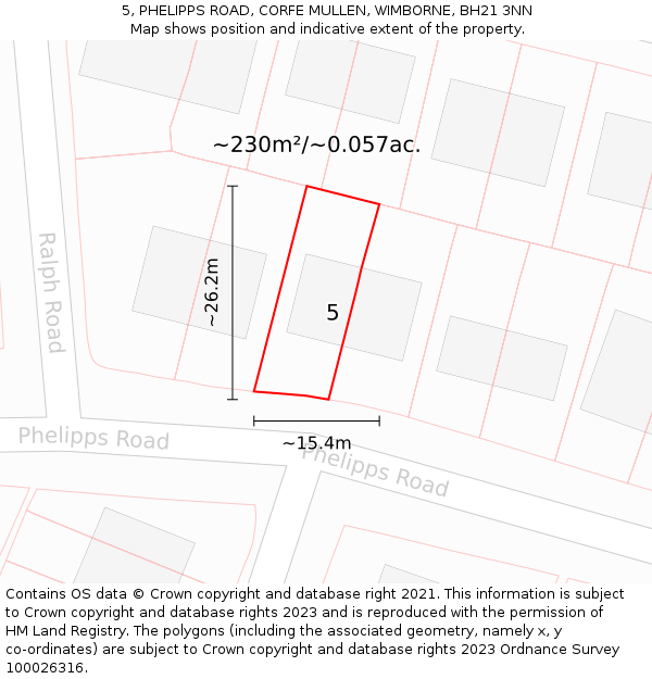 5, PHELIPPS ROAD, CORFE MULLEN, WIMBORNE, BH21 3NN: Plot and title map