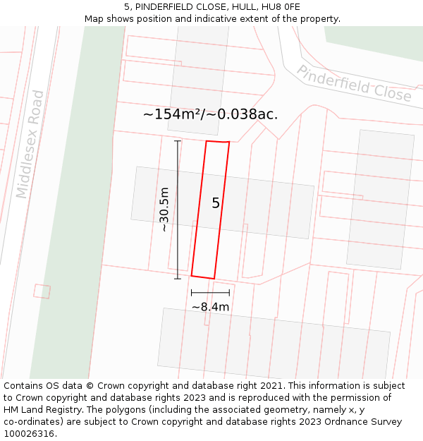 5, PINDERFIELD CLOSE, HULL, HU8 0FE: Plot and title map