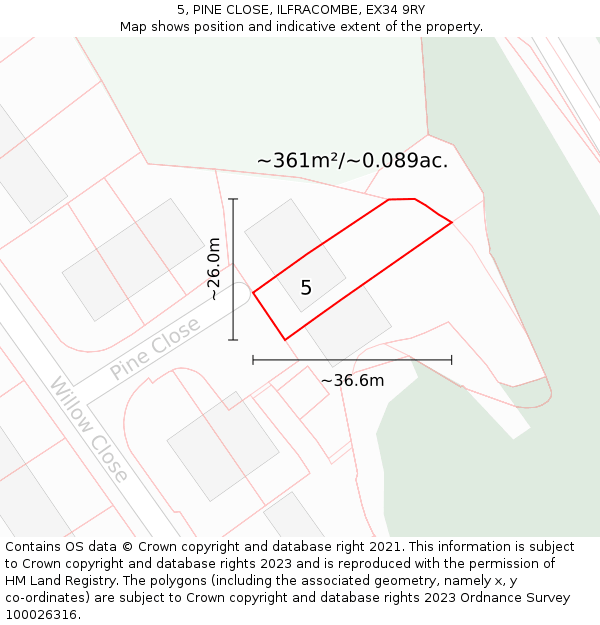5, PINE CLOSE, ILFRACOMBE, EX34 9RY: Plot and title map