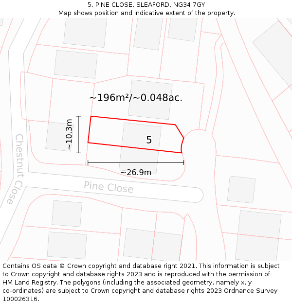 5, PINE CLOSE, SLEAFORD, NG34 7GY: Plot and title map