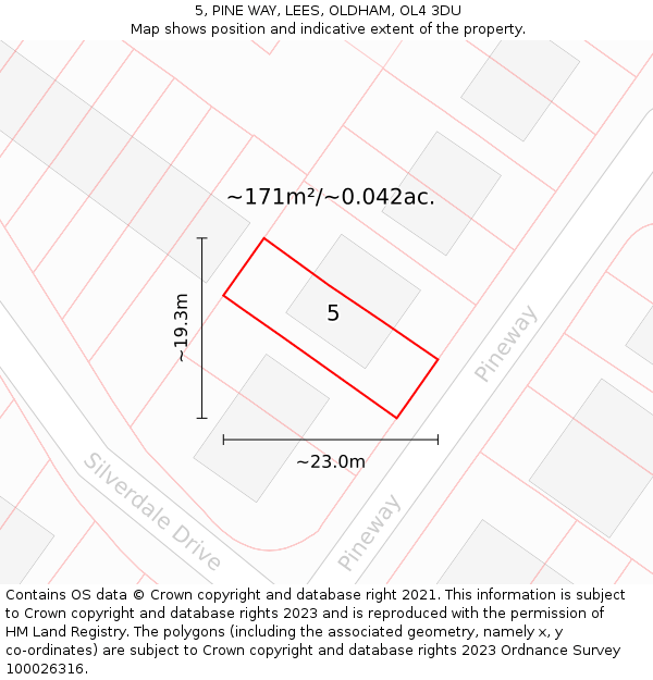 5, PINE WAY, LEES, OLDHAM, OL4 3DU: Plot and title map