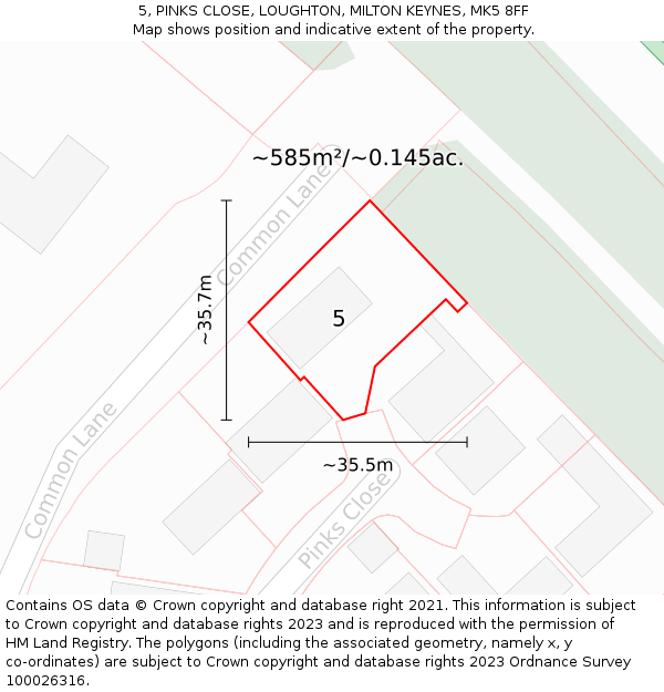 5, PINKS CLOSE, LOUGHTON, MILTON KEYNES, MK5 8FF: Plot and title map