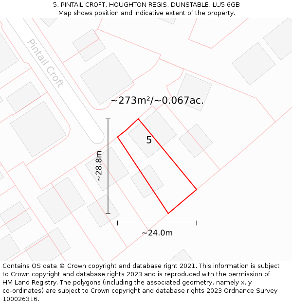 5, PINTAIL CROFT, HOUGHTON REGIS, DUNSTABLE, LU5 6GB: Plot and title map