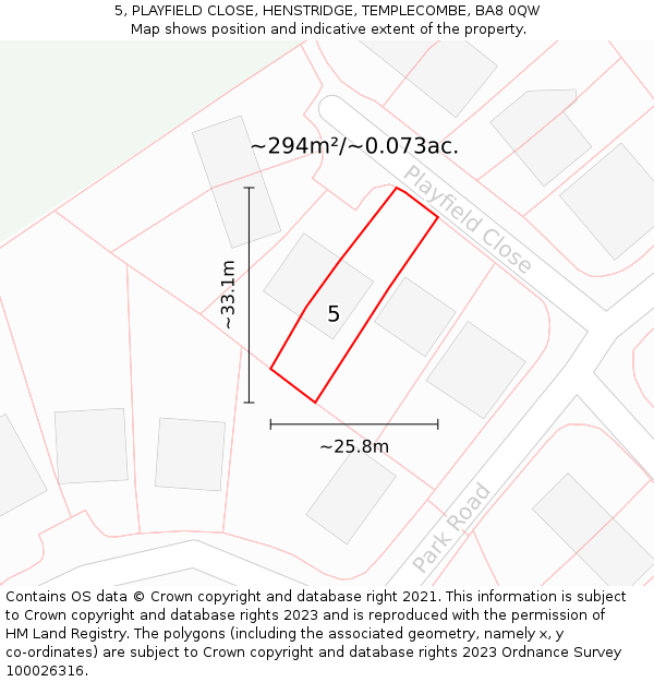 5, PLAYFIELD CLOSE, HENSTRIDGE, TEMPLECOMBE, BA8 0QW: Plot and title map