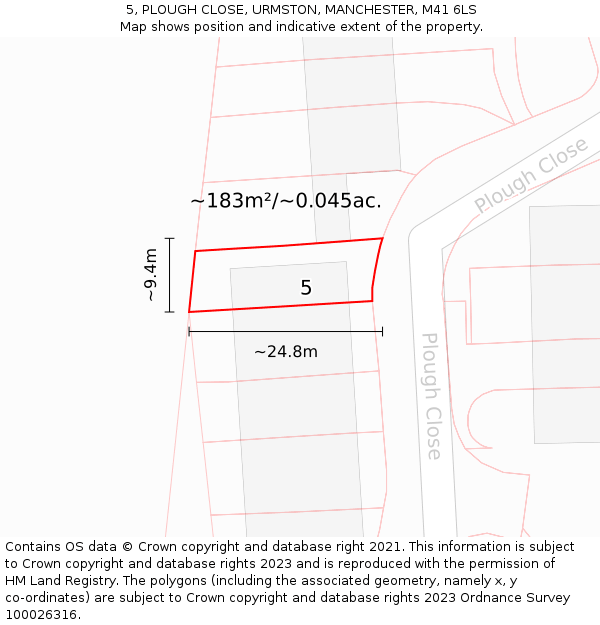 5, PLOUGH CLOSE, URMSTON, MANCHESTER, M41 6LS: Plot and title map